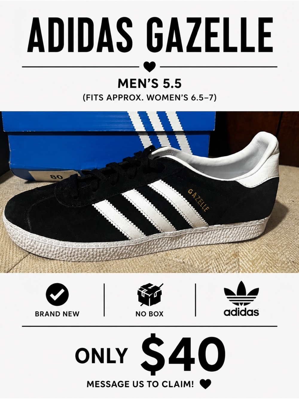adidas Black & White Gazelle Suede Sneakers